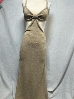 Beige Botany Knit Cutout Boho Maxi Dress Serita Style Sand Taupe Small